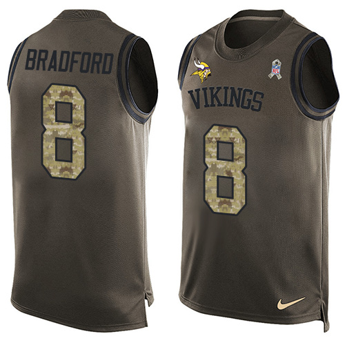 Men's Limited Sam Bradford Nike Jersey Green - #8 Salute to Service Tank Top NFL Minnesota Vikings